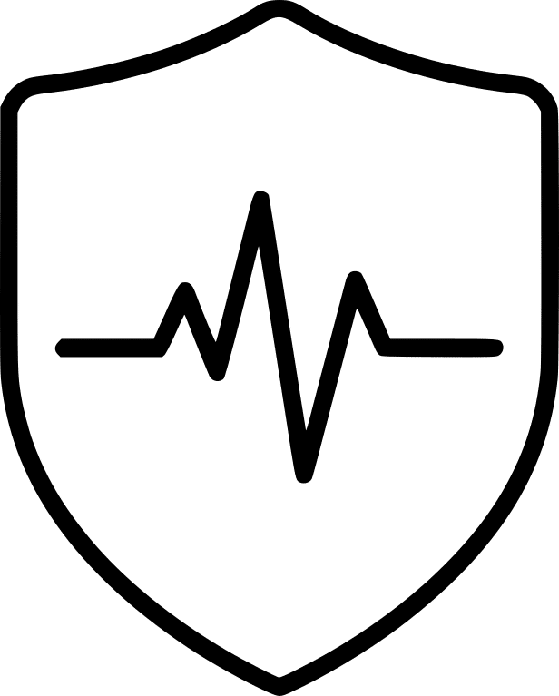 A minimalist line art shield containing a centered EKG heartbeat line, representing health insurance.