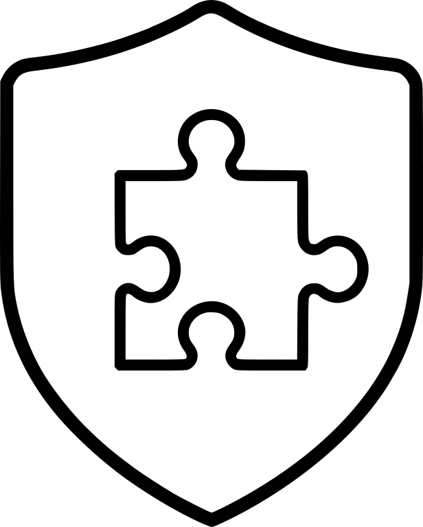 A minimalist navy blue line art shield containing a single, interlocking puzzle piece, representing supplemental coverage.