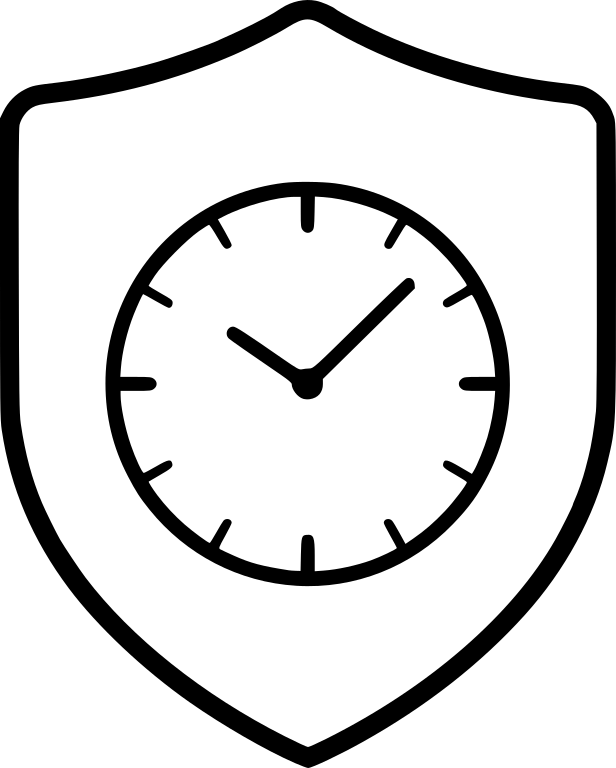 A minimalist line art shield containing a clock face with hour and minute hands, representing temporary coverage.