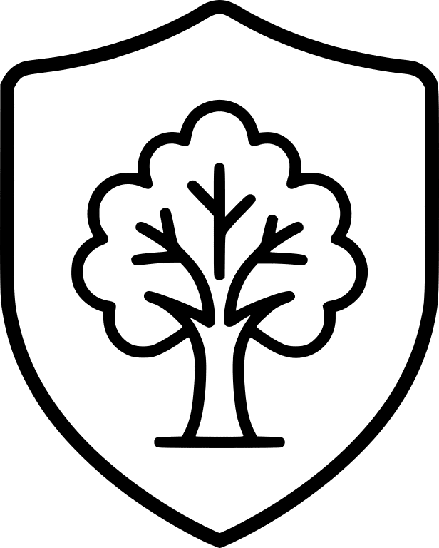 A minimalist line art shield containing a stylized oak tree silhouette, representing life insurance.