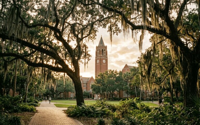A walking path on the University of Florida campus in Gainesville FL with spanish moss covered oak trees and a clock tower in the background.