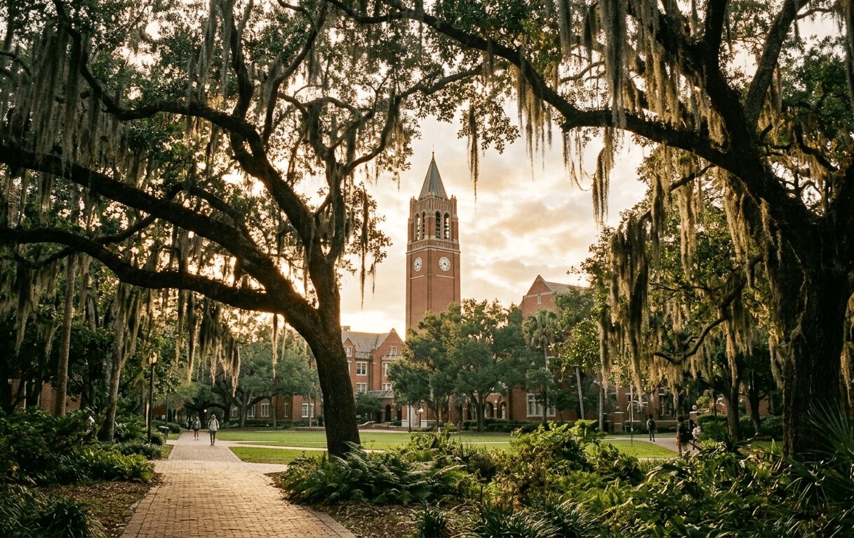 A walking path on the University of Florida campus in Gainesville FL with spanish moss covered oak trees and a clock tower in the background.